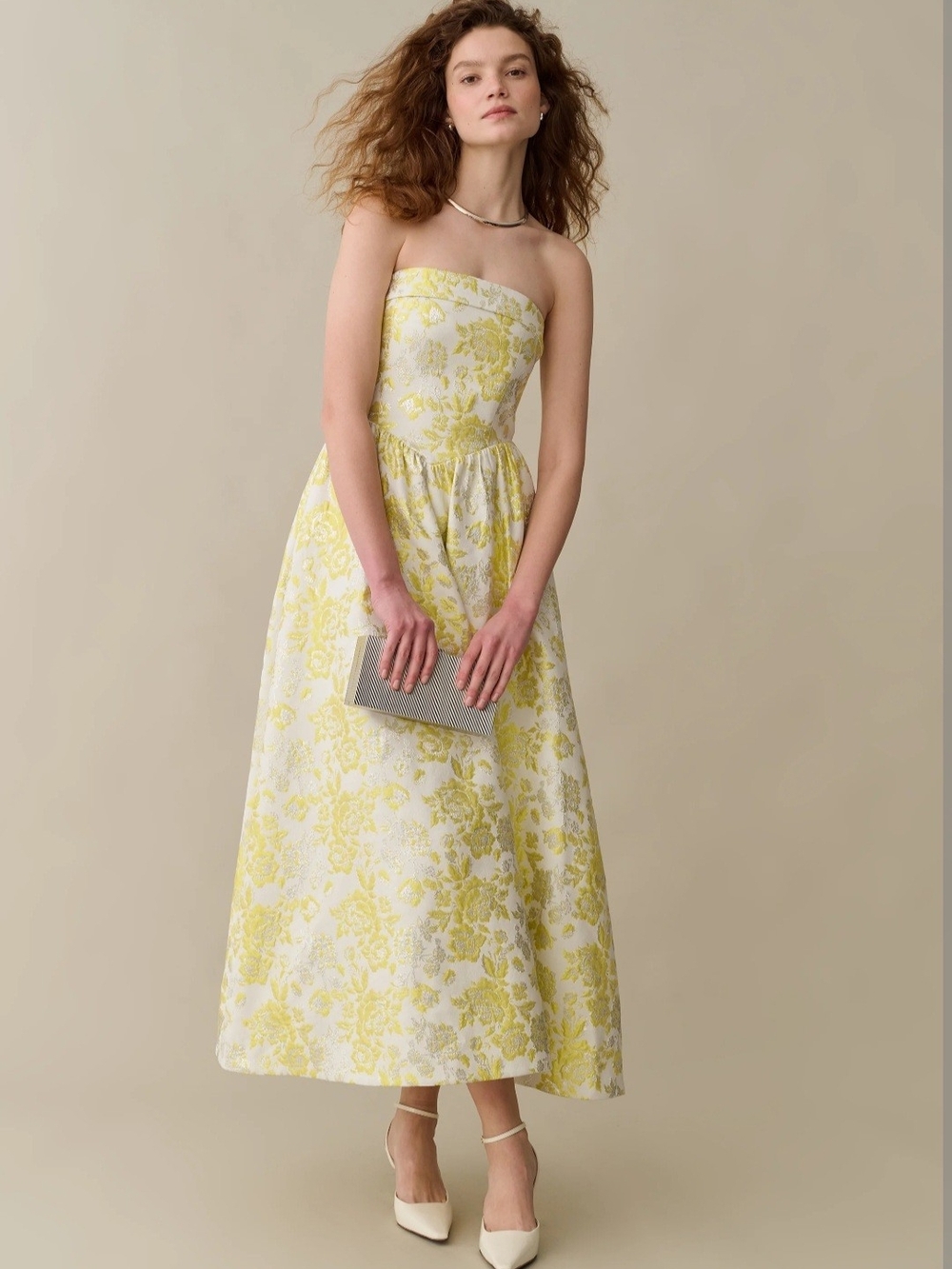 Few Moda O.P.T. Strapless Floral Damask Maxi Dress in Yellow and White